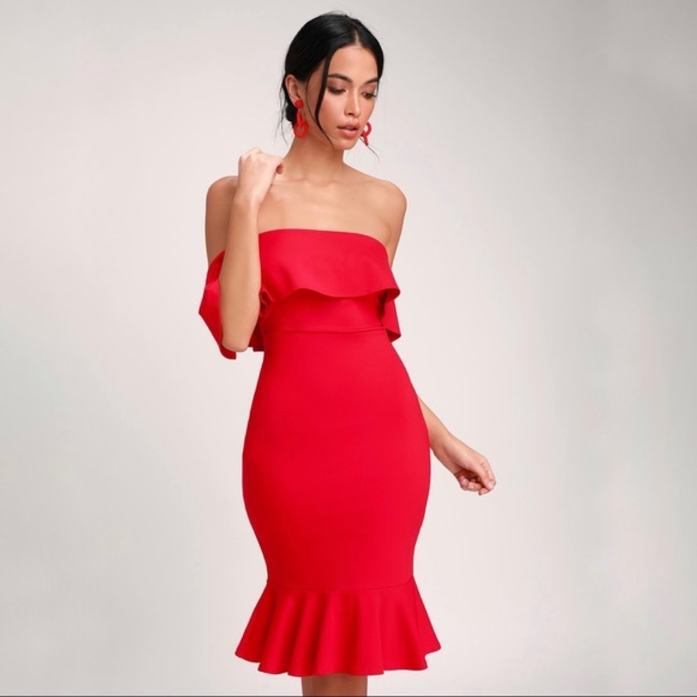 Lulus Red Confidence Boost Off The Shoulder Bodycon Ruffle Dress Size Small